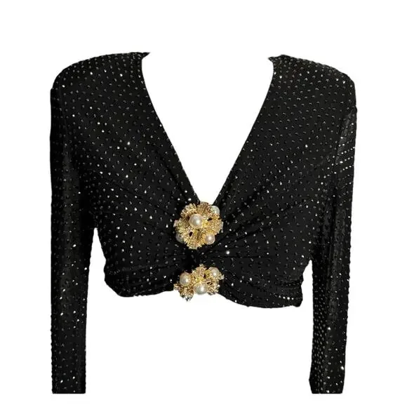 Self Portrait Mesh Rhinestone Embellished Cropped Top 0 - Picture 2 of 13